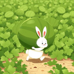 In a sunny watermelon field, a cute little white bunny is adorably struggling to carry a massive green watermelon while moving forward