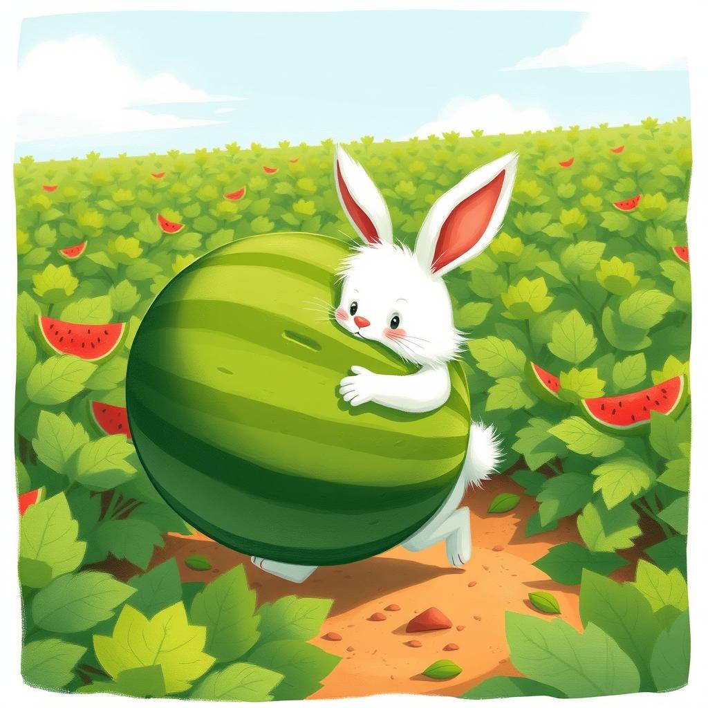 In a sunny watermelon field, a cute little white bunny is adorably struggling to carry a massive green watermelon while moving forward