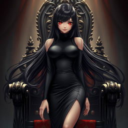 An alluring light novel cover depicting a tall female character with long, glossy black hair that flows luxuriously around her