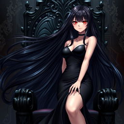 An alluring light novel cover depicting a tall female character with long, glossy black hair that flows luxuriously around her