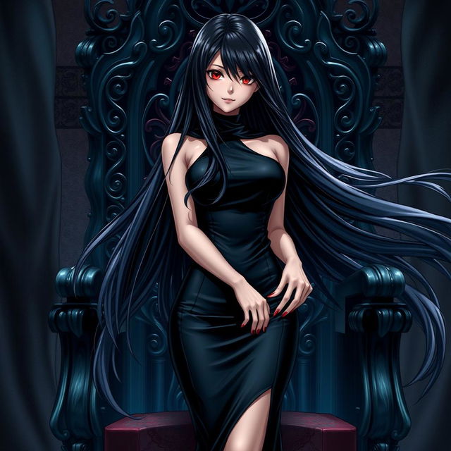 An alluring light novel cover depicting a tall female character with long, glossy black hair that flows luxuriously around her