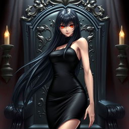 An alluring light novel cover depicting a tall female character with long, glossy black hair that flows luxuriously around her
