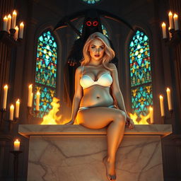 A beautiful 18-year-old blonde girl with a thin face and curvy silhouette, featuring a soft belly, very wide soft hips, large round thighs, and thick round legs
