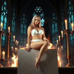 A beautiful 18-year-old blonde girl with a thin face and curvy silhouette, featuring a soft belly, very wide soft hips, large round thighs, and thick round legs