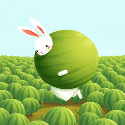 In a field filled with numerous green watermelons, a cute little white bunny is adorably struggling to carry an enormous green watermelon on its back while walking forward