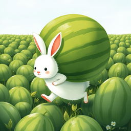 In a field filled with numerous green watermelons, a cute little white bunny is adorably struggling to carry an enormous green watermelon on its back while walking forward