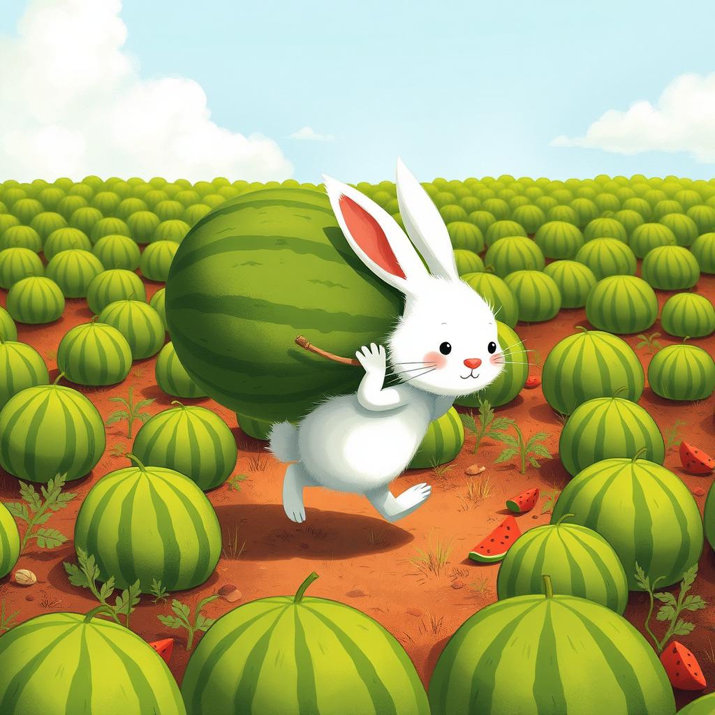 In a field filled with numerous green watermelons, a cute little white bunny is adorably struggling to carry an enormous green watermelon on its back while walking forward