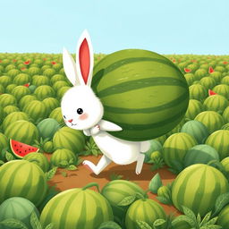 In a field filled with numerous green watermelons, a cute little white bunny is adorably struggling to carry an enormous green watermelon on its back while walking forward