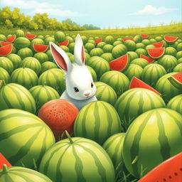 In a vibrant watermelon field filled with numerous green watermelons of various sizes, a cute little white bunny is intently observing several different-sized watermelons in front of it