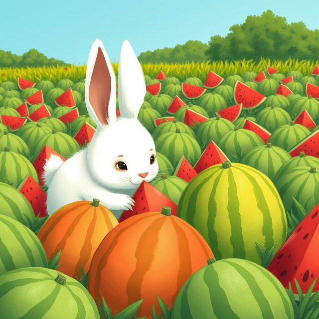 In a vibrant watermelon field filled with numerous green watermelons of various sizes, a cute little white bunny is intently observing several different-sized watermelons in front of it