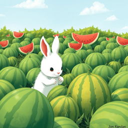 In a vibrant watermelon field filled with numerous green watermelons of various sizes, a cute little white bunny is intently observing several different-sized watermelons in front of it