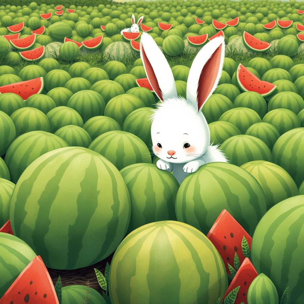 In a vibrant watermelon field filled with numerous green watermelons of various sizes, a cute little white bunny is intently observing several different-sized watermelons in front of it