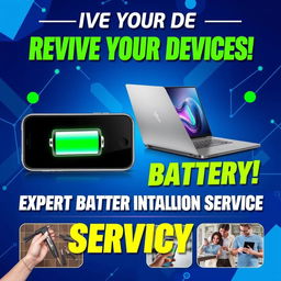 A vibrant promotional poster showcasing the installation of batteries in iPhones and laptops
