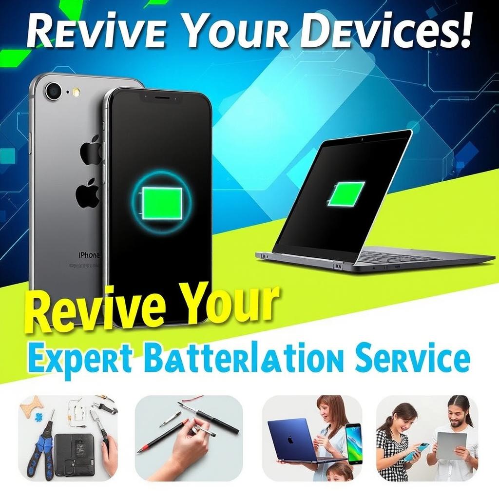 A vibrant promotional poster showcasing the installation of batteries in iPhones and laptops