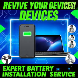 A vibrant promotional poster showcasing the installation of batteries in iPhones and laptops