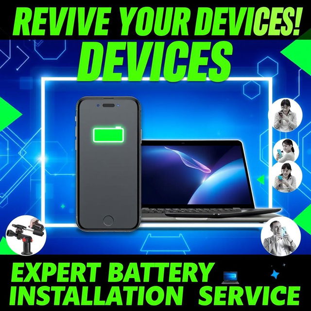 A vibrant promotional poster showcasing the installation of batteries in iPhones and laptops