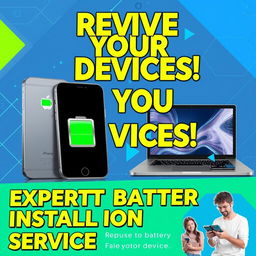 A vibrant promotional poster showcasing the installation of batteries in iPhones and laptops