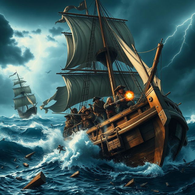 A dramatic scene of a fierce battle on a large pirate ship in the middle of a stormy sea