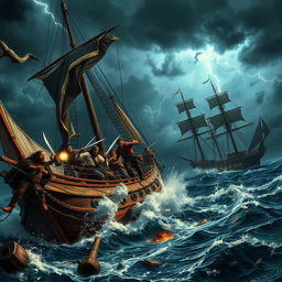 A dramatic scene of a fierce battle on a large pirate ship in the middle of a stormy sea