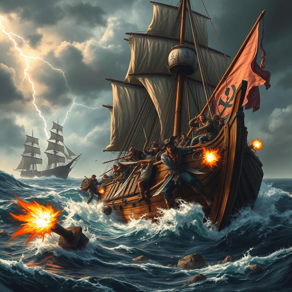 A dramatic scene of a fierce battle on a large pirate ship in the middle of a stormy sea