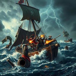 A dramatic scene of a fierce battle on a large pirate ship in the middle of a stormy sea