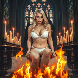 A stunning 18-year-old blonde girl with a thin face and curvy features, characterized by large round soft breasts, a soft belly, very wide soft hips, large round thighs, and thick round legs