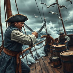 An intense scene of a sailor engaged in a fierce fight on the deck of a weathered ship