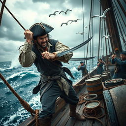 An intense scene of a sailor engaged in a fierce fight on the deck of a weathered ship