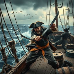 An intense scene of a sailor engaged in a fierce fight on the deck of a weathered ship