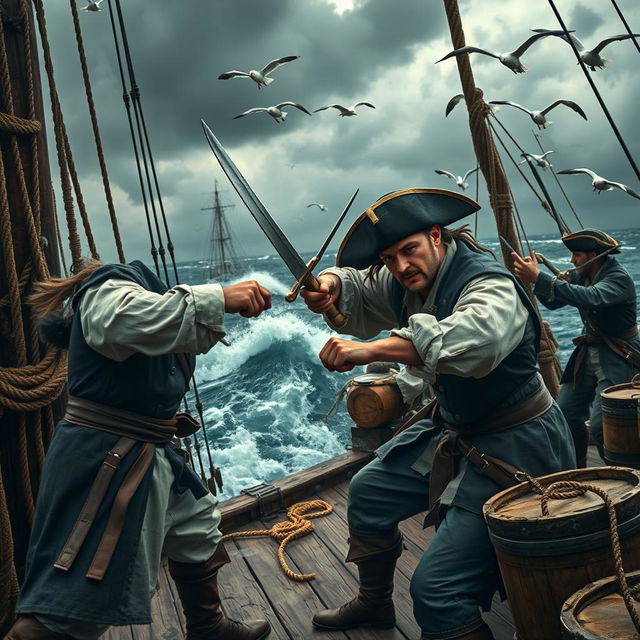 An intense scene of a sailor engaged in a fierce fight on the deck of a weathered ship