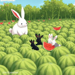 In a lively watermelon field filled with numerous green watermelons, a large white bunny is watching three adorable little bunnies as they are busy moving watermelons