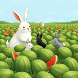 In a lively watermelon field filled with numerous green watermelons, a large white bunny is watching three adorable little bunnies as they are busy moving watermelons