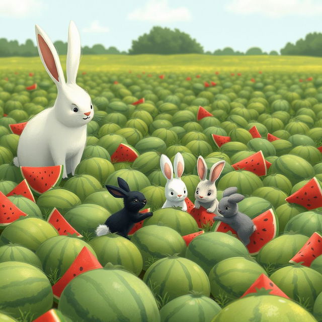 In a lively watermelon field filled with numerous green watermelons, a large white bunny is watching three adorable little bunnies as they are busy moving watermelons