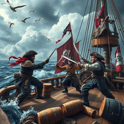 An action-packed scene of pirates engaged in a fierce sword fight on the deck of a large, elaborately adorned pirate ship