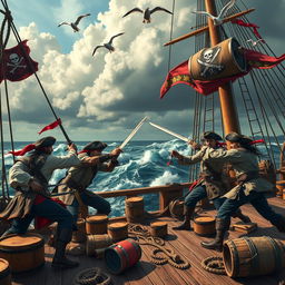 An action-packed scene of pirates engaged in a fierce sword fight on the deck of a large, elaborately adorned pirate ship