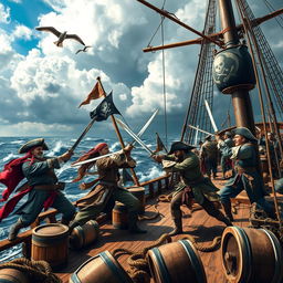 An action-packed scene of pirates engaged in a fierce sword fight on the deck of a large, elaborately adorned pirate ship