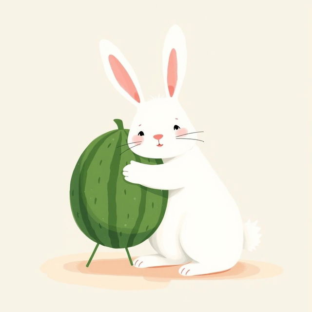 A charming large white bunny is hugging a green watermelon, standing on the left half of the image