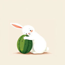 A charming large white bunny is hugging a green watermelon, standing on the left half of the image