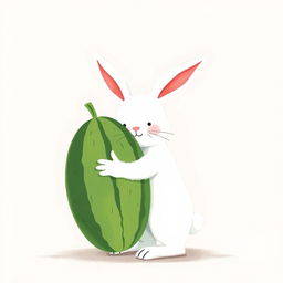 A charming large white bunny is hugging a green watermelon, standing on the left half of the image