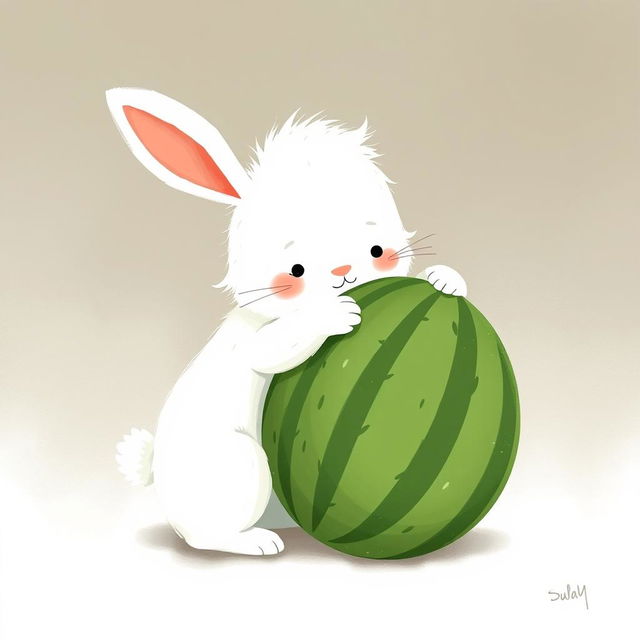 A cute large white bunny is hugging a green watermelon, positioned on the left half of the image