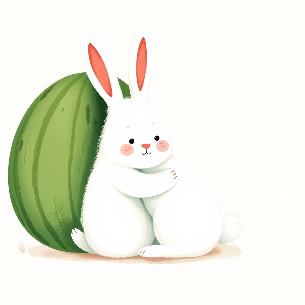 A cute large white bunny is hugging a green watermelon, positioned on the left half of the image