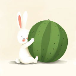 A cute large white bunny is hugging a green watermelon, positioned on the left half of the image