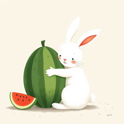 A cute large white bunny is hugging a green watermelon, positioned on the left half of the image