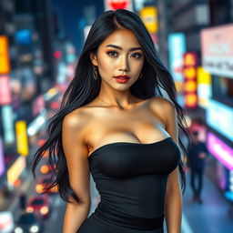 A portrait of an attractive Asian woman with H cup breasts, exuding confidence and allure