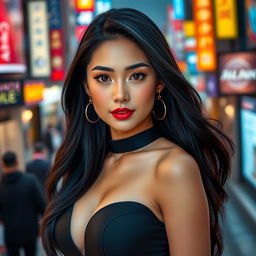 A portrait of an attractive Asian woman with H cup breasts, exuding confidence and allure