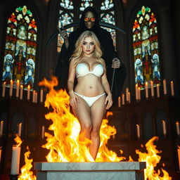 A captivating 18-year-old blonde girl with a thin face and curvy figure, featuring large round soft breasts, a soft belly, very wide soft hips, large round thighs, and thick round legs