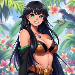 A stunning portrait of Nico Robin, a character from the anime One Piece, featuring her with luscious long black hair, large M cup breasts, and a captivating smile