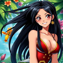 A stunning portrait of Nico Robin, a character from the anime One Piece, featuring her with luscious long black hair, large M cup breasts, and a captivating smile