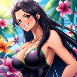 A stunning portrait of Nico Robin, a character from the anime One Piece, featuring her with luscious long black hair, large M cup breasts, and a captivating smile