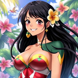 A stunning portrait of Nico Robin, a character from the anime One Piece, featuring her with luscious long black hair, large M cup breasts, and a captivating smile